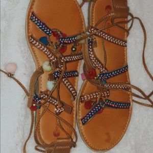 Big Buddha Pom Pom Lace up Sandals
